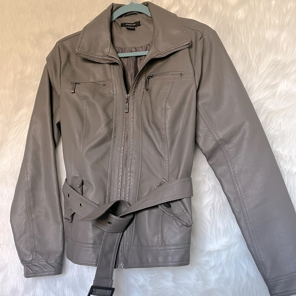 Zip and Belt Gray Vegan Leather Jacket